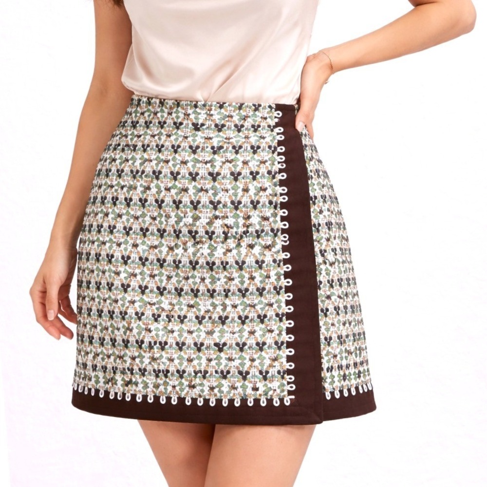 HAROLDS Womens Size 8 Geometric Print A-Line Skirt Brown Green White Cotton